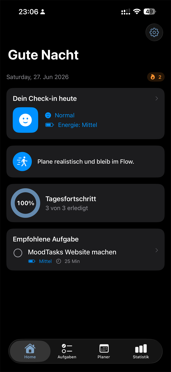 MoodTasks Startbildschirm